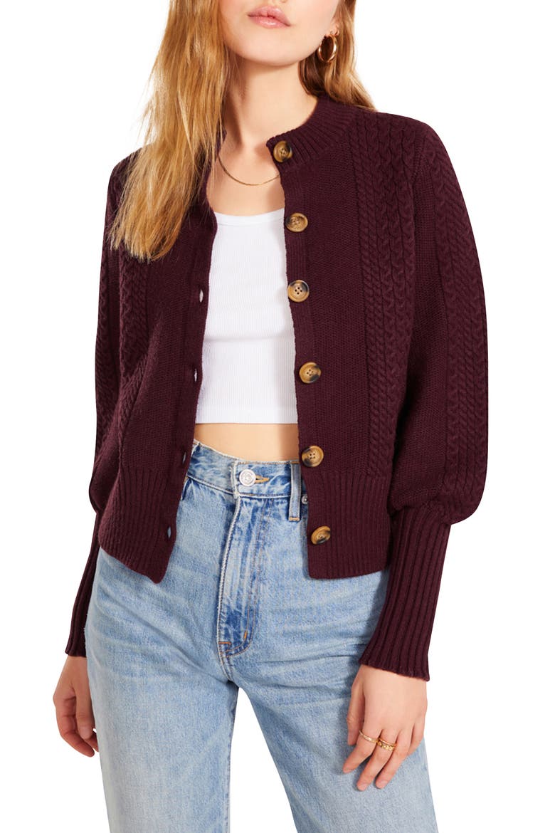 Story Time Puff Sleeve Cable Knit Cardigan, Main, color, PORT