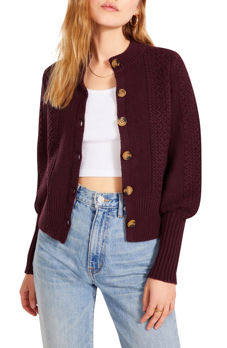 BB Dakota by Steve Madden Story Time Puff Sleeve Cable Knit Cardigan, Main, color,