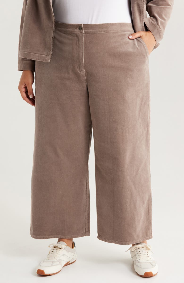 Eileen Fisher Stretch Organic Cotton Corduroy Wide Leg Ankle Pants, Main, color, Taupe