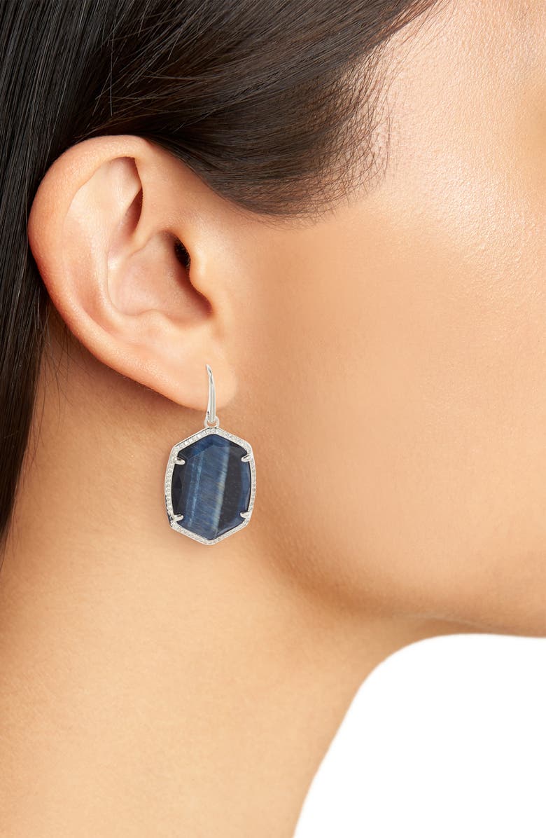 Kendra Scott Daphne Pavé Frame Drop Earrings, Alternate, color, Rhodium Navy Tigers Eye