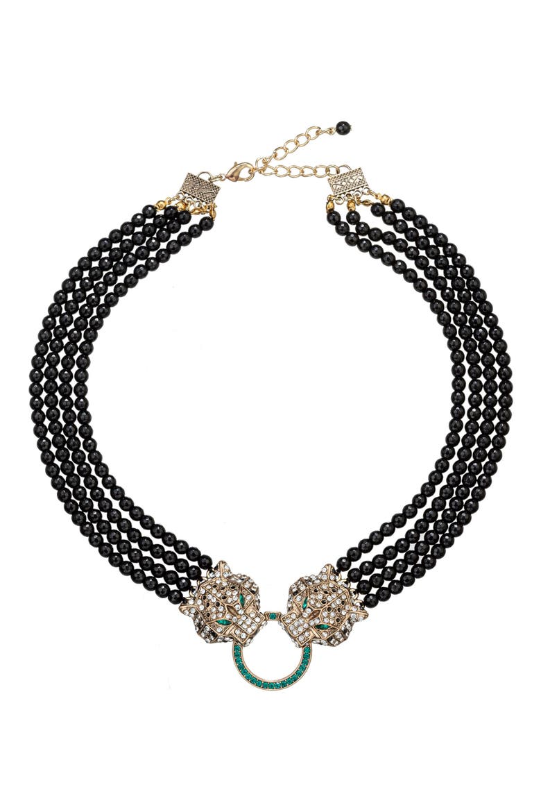 Double Leopard Brooch Statement Necklace, Main, color, BLACK