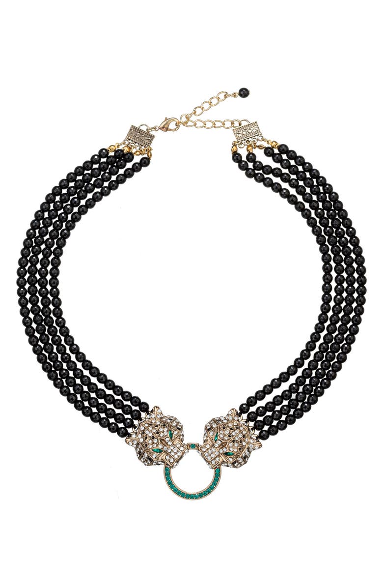 EYE CANDY LOS ANGELES Double Leopard Brooch Statement Necklace, Main, color, Black