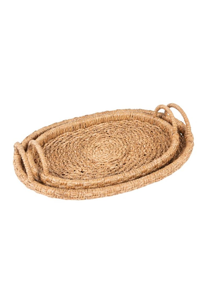 Decorative Handwoven Oval Seagrass & Rattan Trays with Handles, Alternate, color, Natural