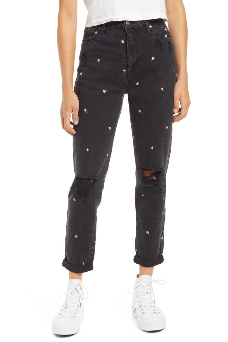 Daisy Embroidered Ripped High Waist Mom Jeans, Main, color, WASHED BLACK