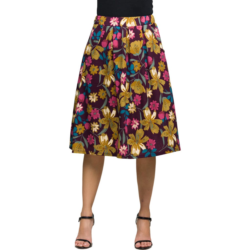 24seven Comfort Apparel Plus Size Purple Floral Elastic Waist Pocket Midi Skirt In Purple
