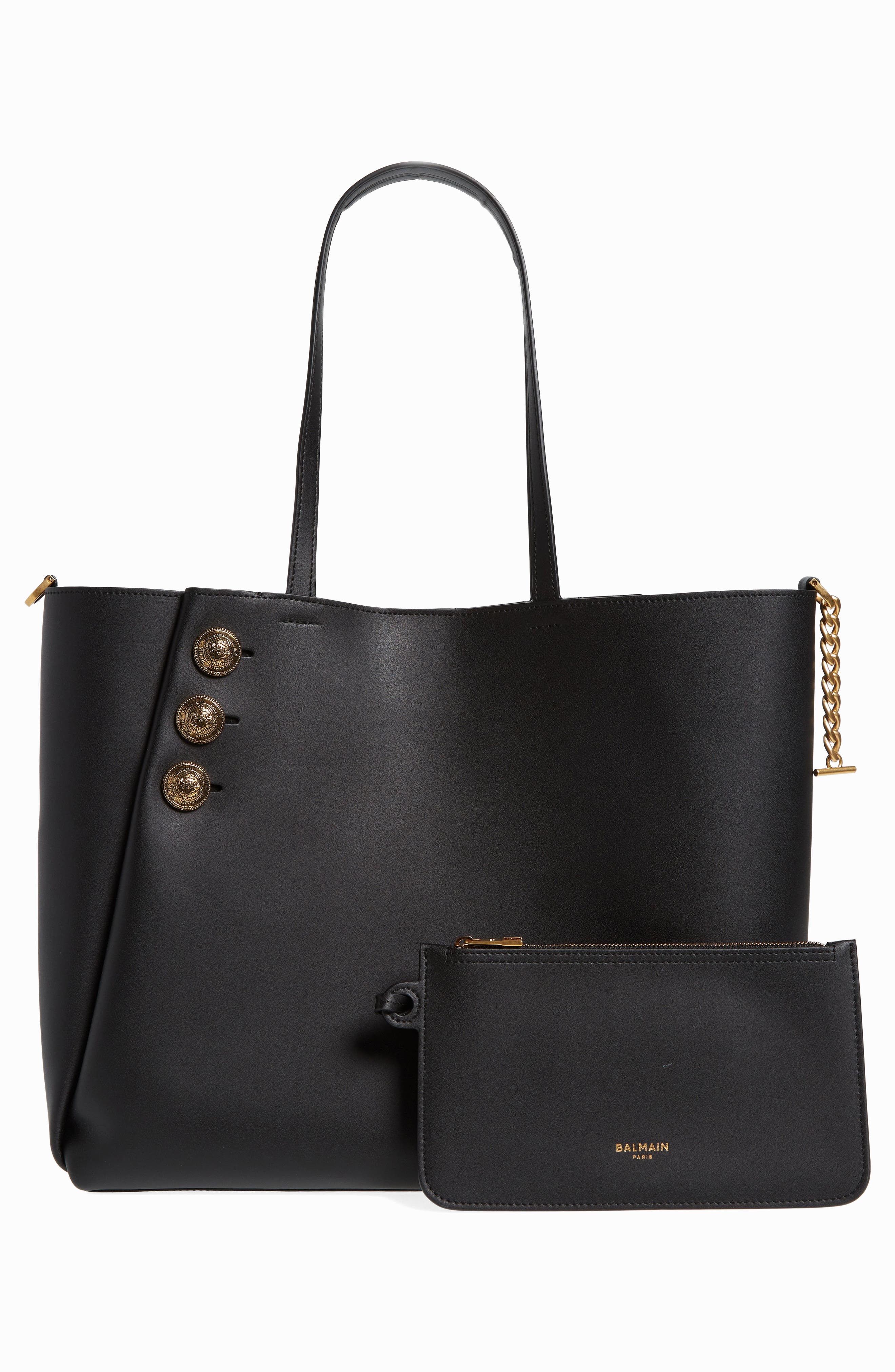 Balmain Emblem Crest Button Calfskin Shopper, Alternate, color, 