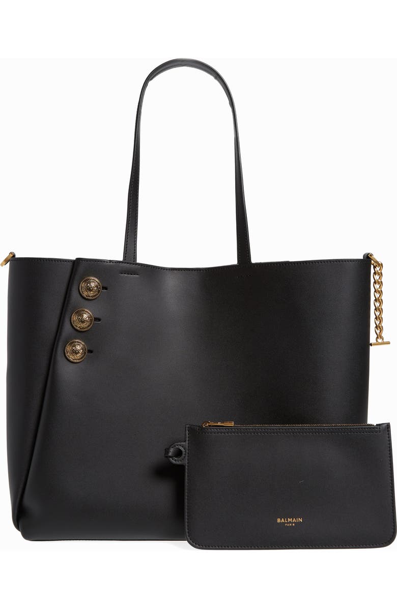 Balmain Emblem Crest Button Calfskin Shopper, Alternate, color,