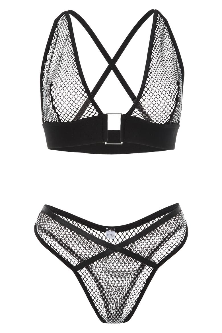 Luxe Mirage Bralette & Thong Set, Main, color, BLACK
