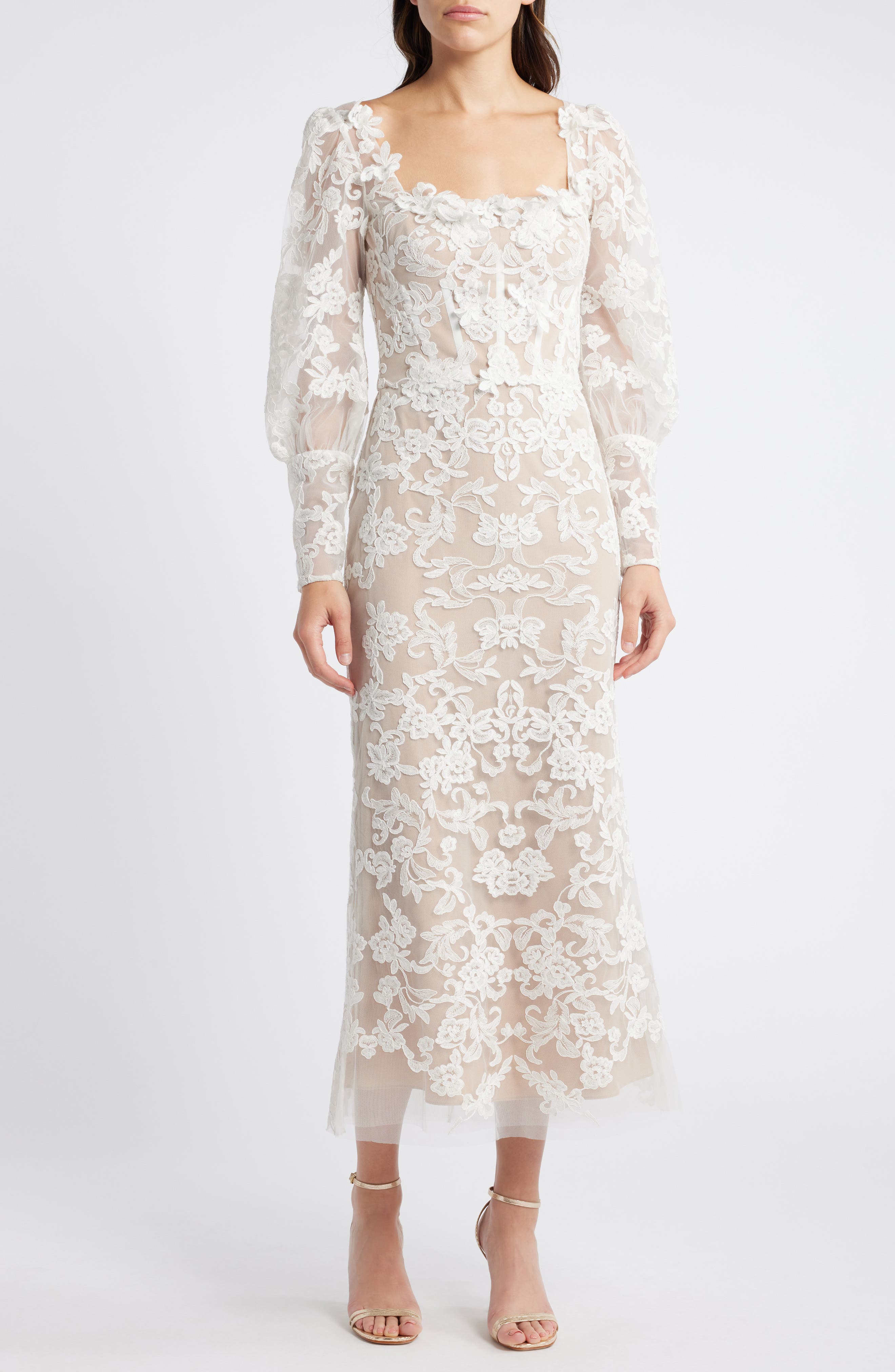 long sleeve lace midi prom dress LONG SLEEVE MESH LACE MIDI DRESS IN BEIGE