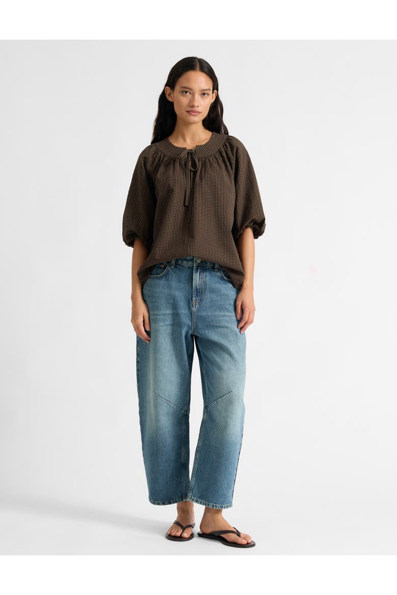 Gingham Blouson Sleeve Top, Alternate, color, Chocolate