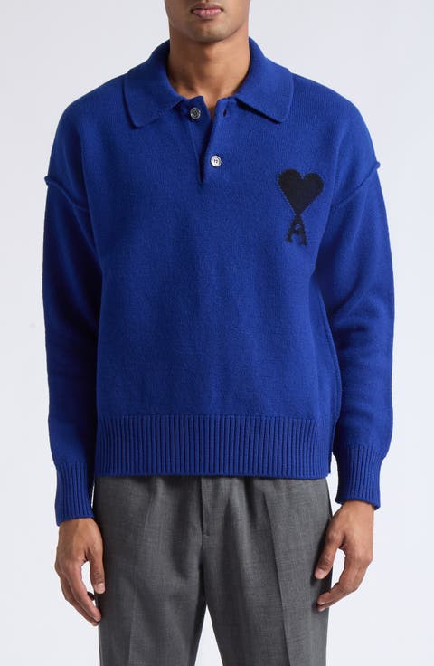 Ami de Coeur Monogram Felted Wool Polo Sweater