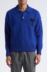 AMI PARIS Ami de Coeur Monogram Felted Wool Polo Sweater