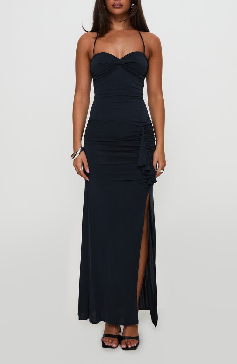 Princess Polly Ruched Halter Neck Gown, Main, color, Navy