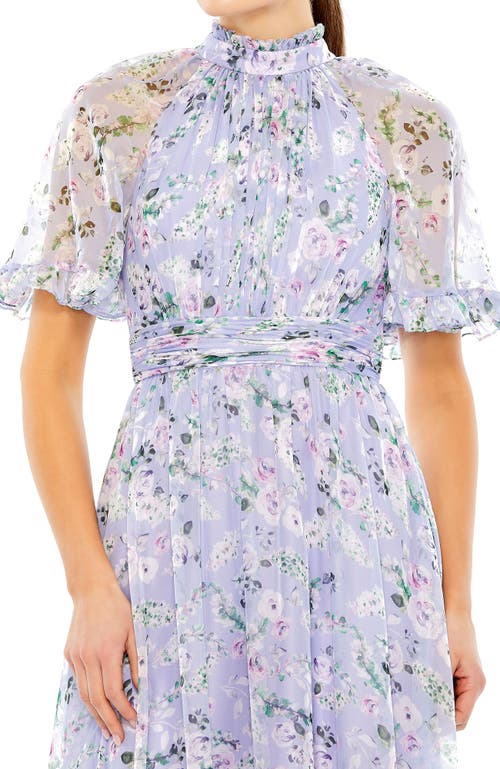 Mac Duggal Floral Print High Neck Raglan Sleeve Dress In Lilac Multi