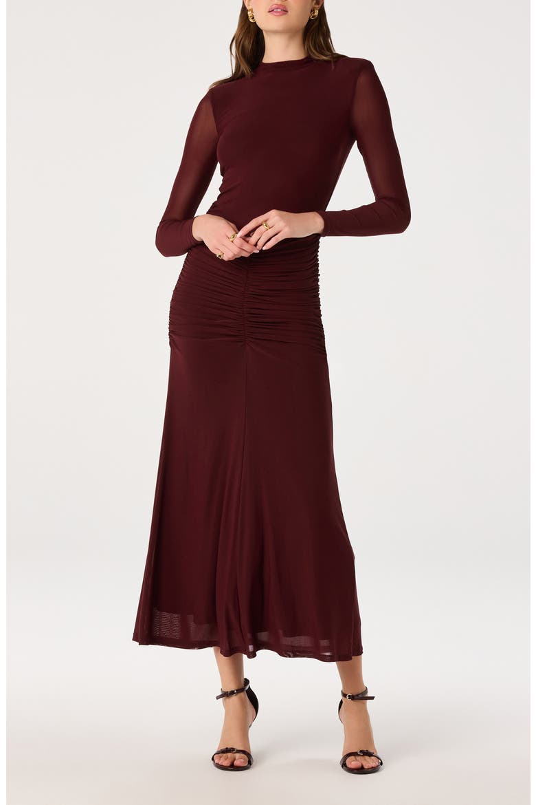 Romy Mock Neck Ruched Midi Dress, Alternate, color, BURGUNDY