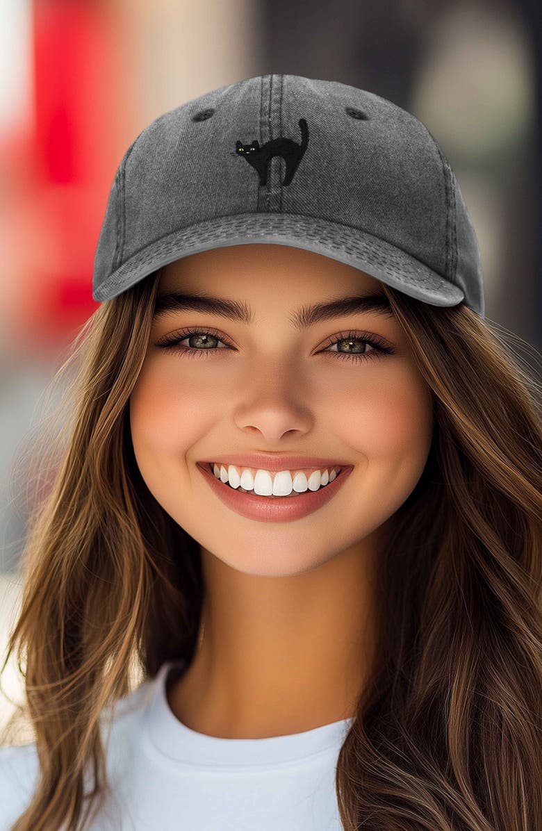 Dalix Black Cat Embroidered Casual Hat, Alternate, color, Washed Black