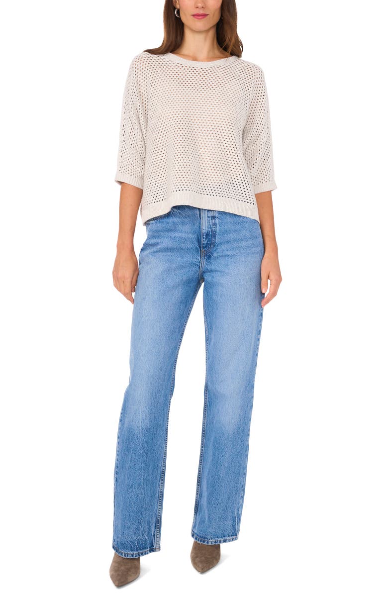 Vince Camuto Fishnet Pointelle Sweater, Alternate, color, Silver Heather