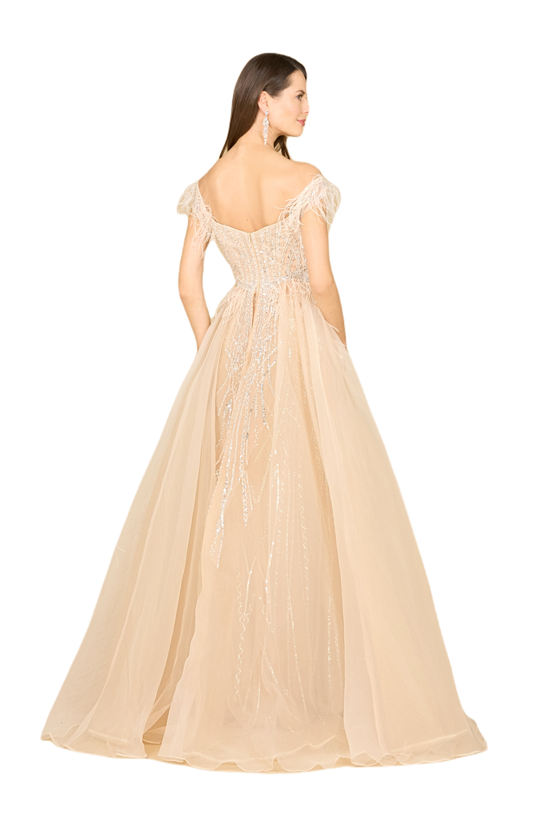 Off Shoulder Gown with Feathers, Alternate, color, Champagne