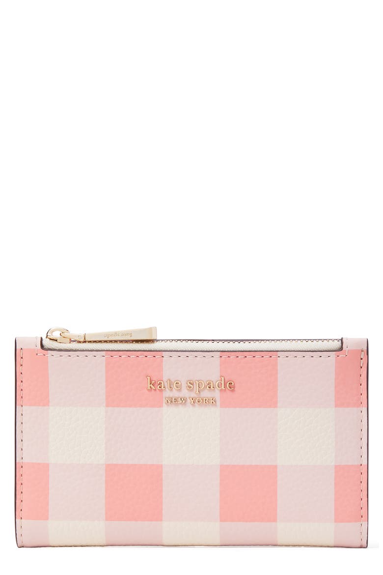 bradley gingham print leather bifold wallet, Main, color, GRAPEFRUIT SODA MULTI.