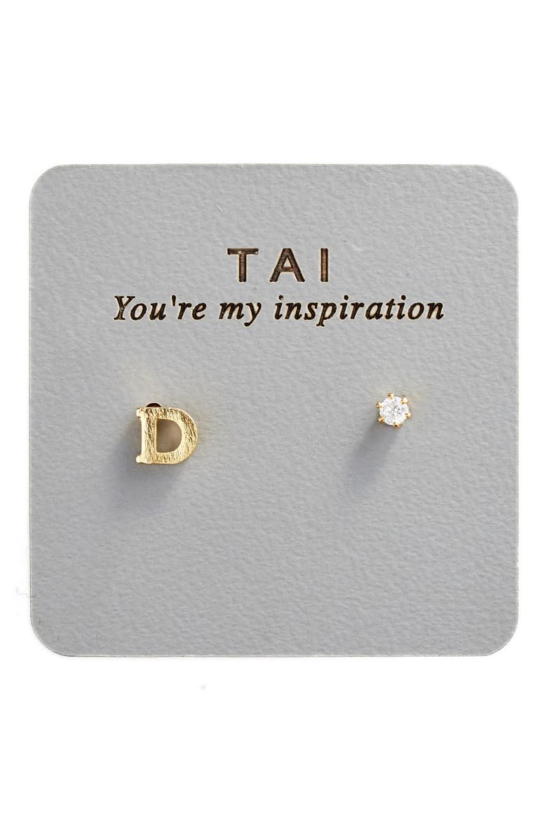 Initial & Cubic Zirconia Stud Earrings, Alternate, color, GOLD- D