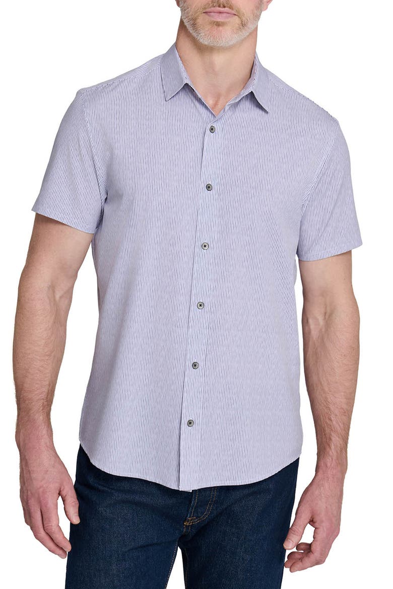 Slim Fit Abstract Performance Short Sleeve Button-Up Shirt, Main, color, WHITE