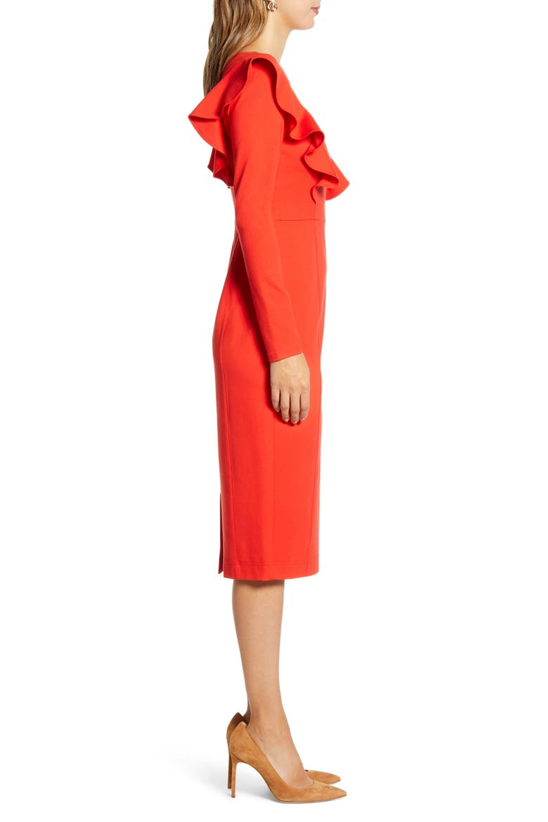 Ruffle Long Sleeve Ponte Dress, Alternate, color, RED SCARLET