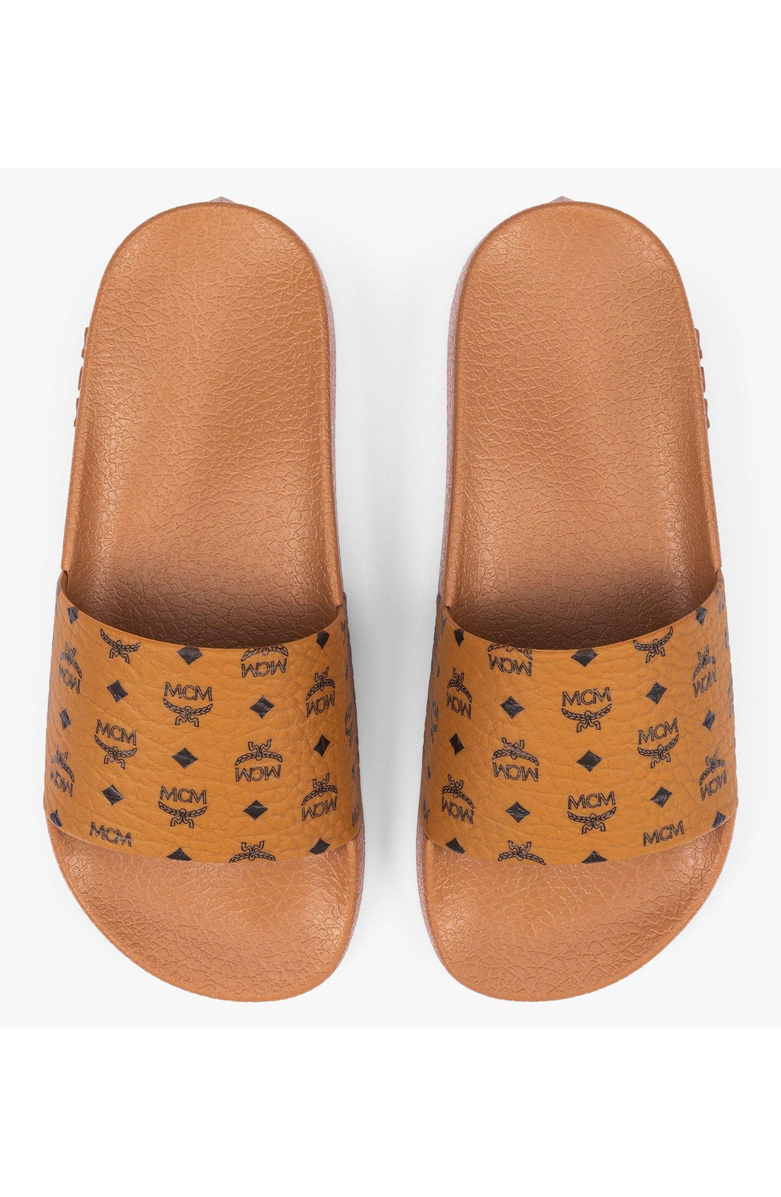 MCM Male Monogram Print Rubber Slides, Alternate, color, Cognac