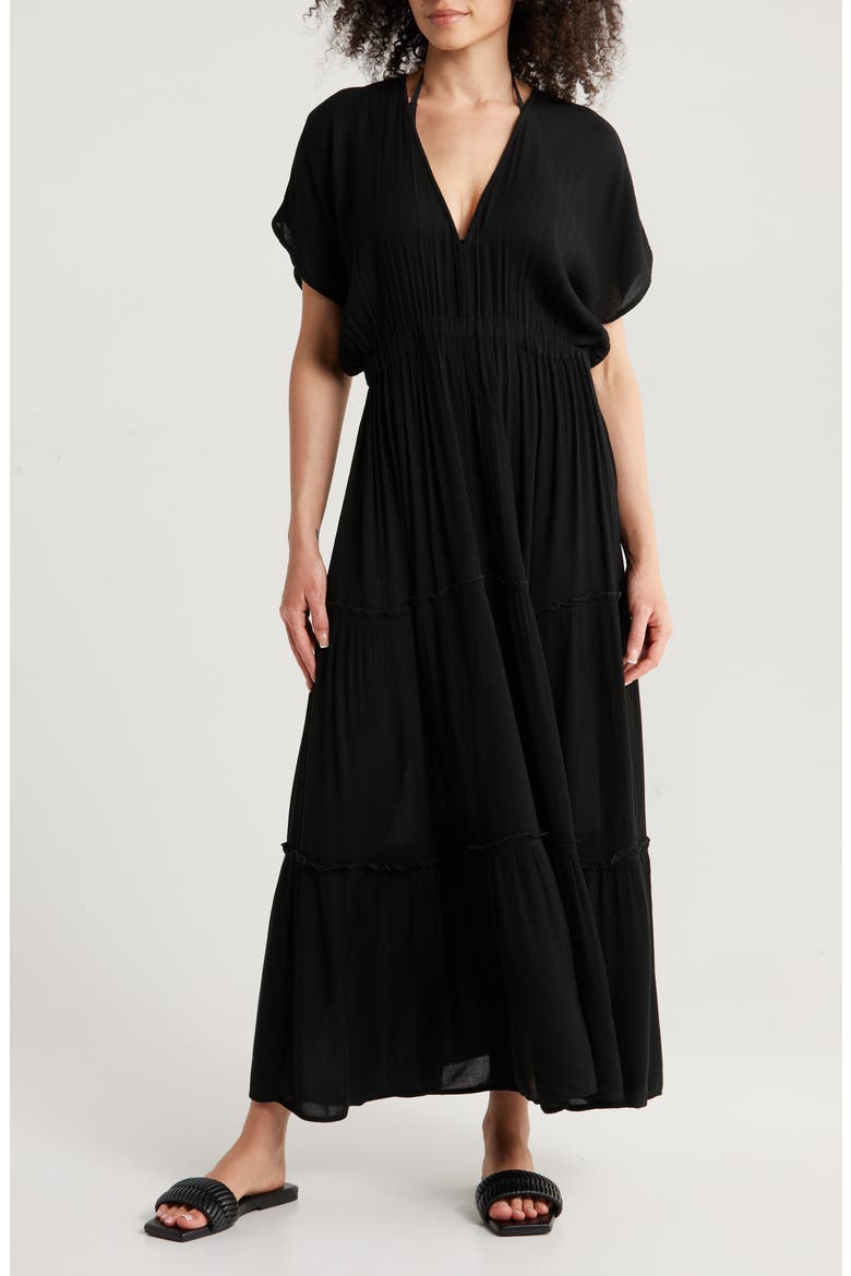 Tiered Ruffle Maxi Cover-Up Dress, Main, color, BLACK