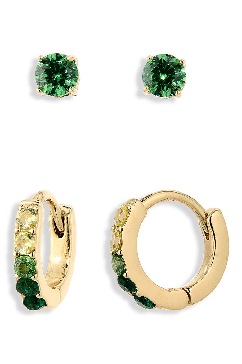 Set of 2 Cubic Zirconia Stud & Huggie Hoop Earrings, Alternate, color, GREEN MULTI- GOLD