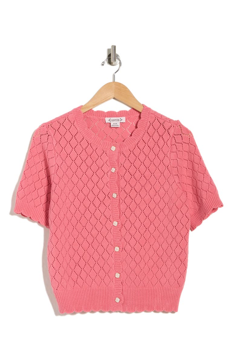 Pointelle Short Sleeve Cardigan, Alternate, color, MADEMOISELLE PINK