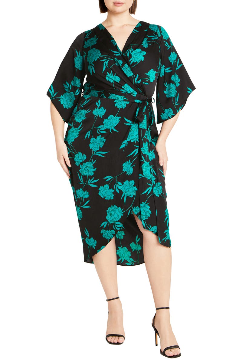 City Chic Kimberly Floral Print Faux Wrap Dress, Main, color, 