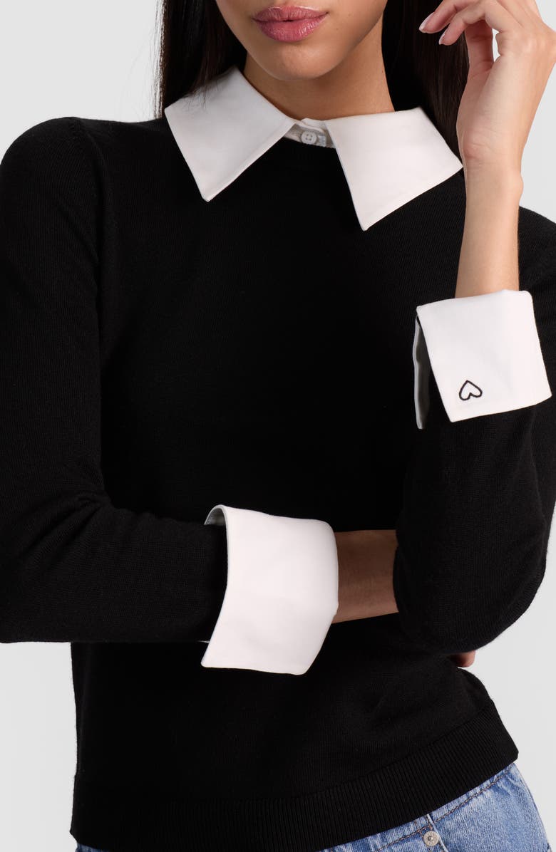 Alice + Olivia Porla Collared Wool Blend Mixed Media Sweater, Alternate, color, Black