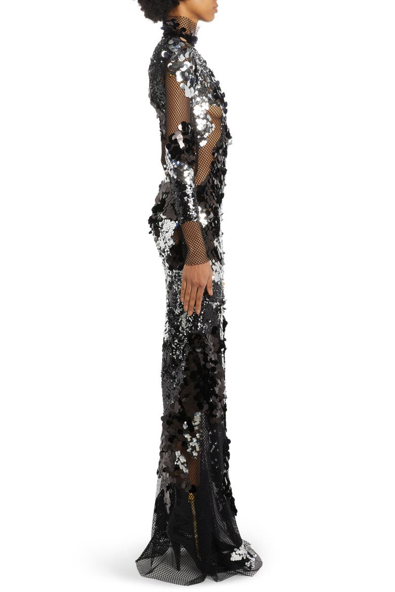 Long Sleeve Sequin & Mesh Gown, Alternate, color, BLACK/ SILVER