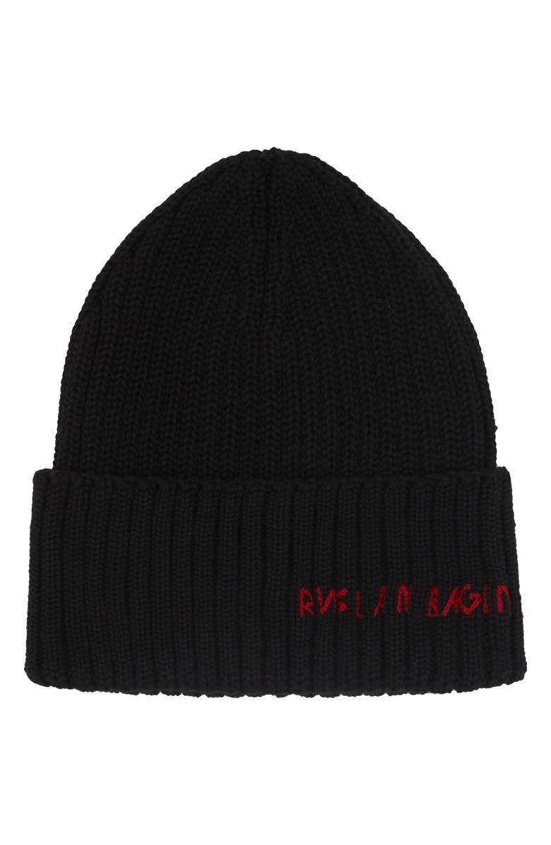 Ruslan Baginskiy Monogram Embroidered Merino Wool Beanie, Alternate, color, Black