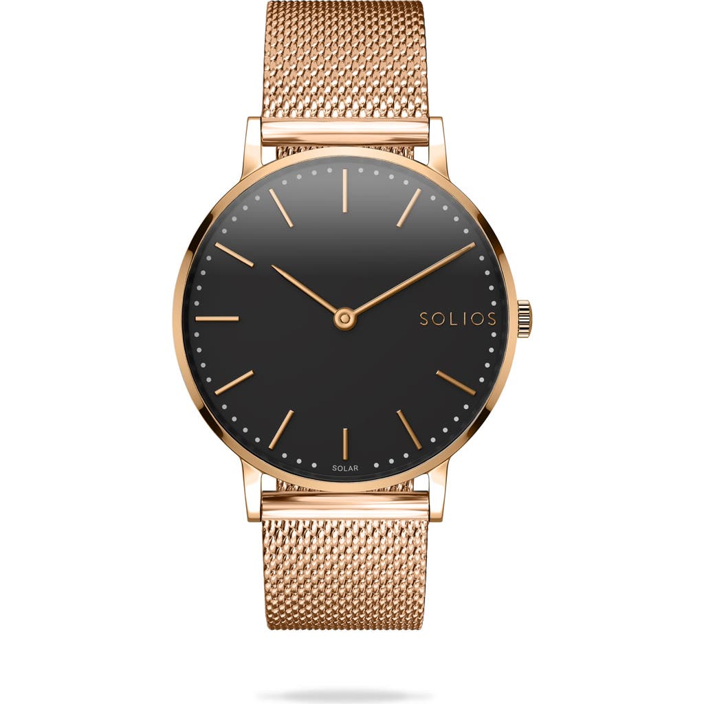 Solios Watches The Solar Classic | Black Dial In Rose Gold Mesh Metal