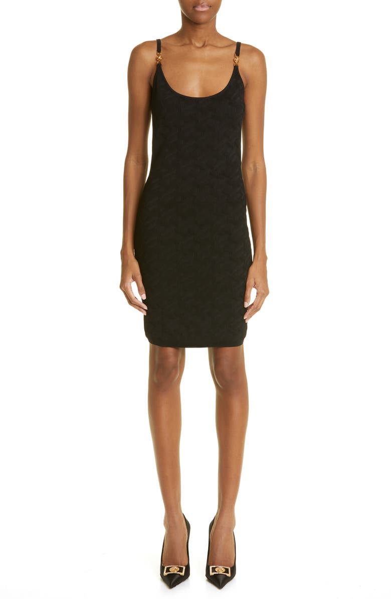 Versace Medusa Embellished La Greca Jacquard Knit Minidress, Main, color,
