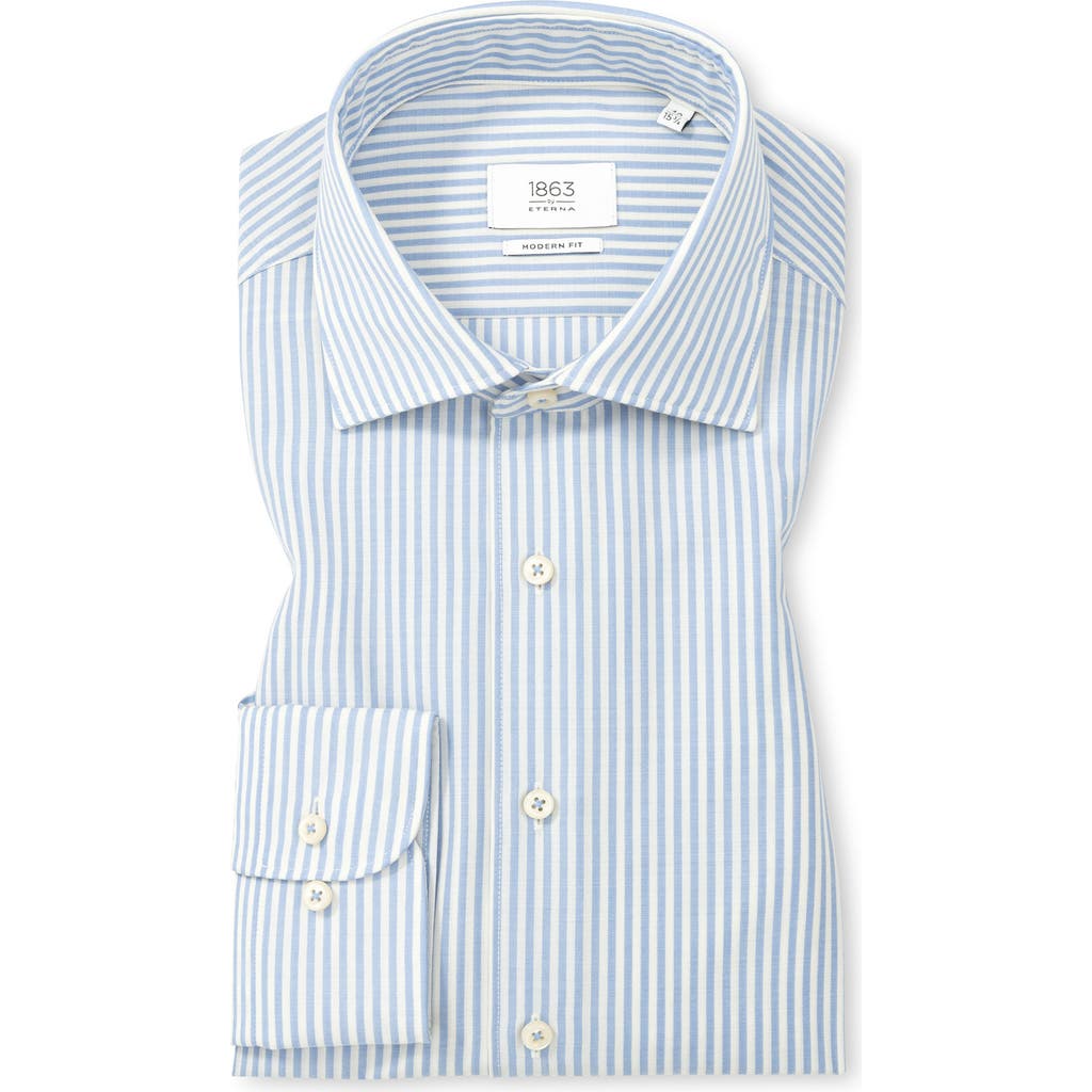 Eterna Modern Fit Merino Wool Stripe Button Front Shirt In Blue