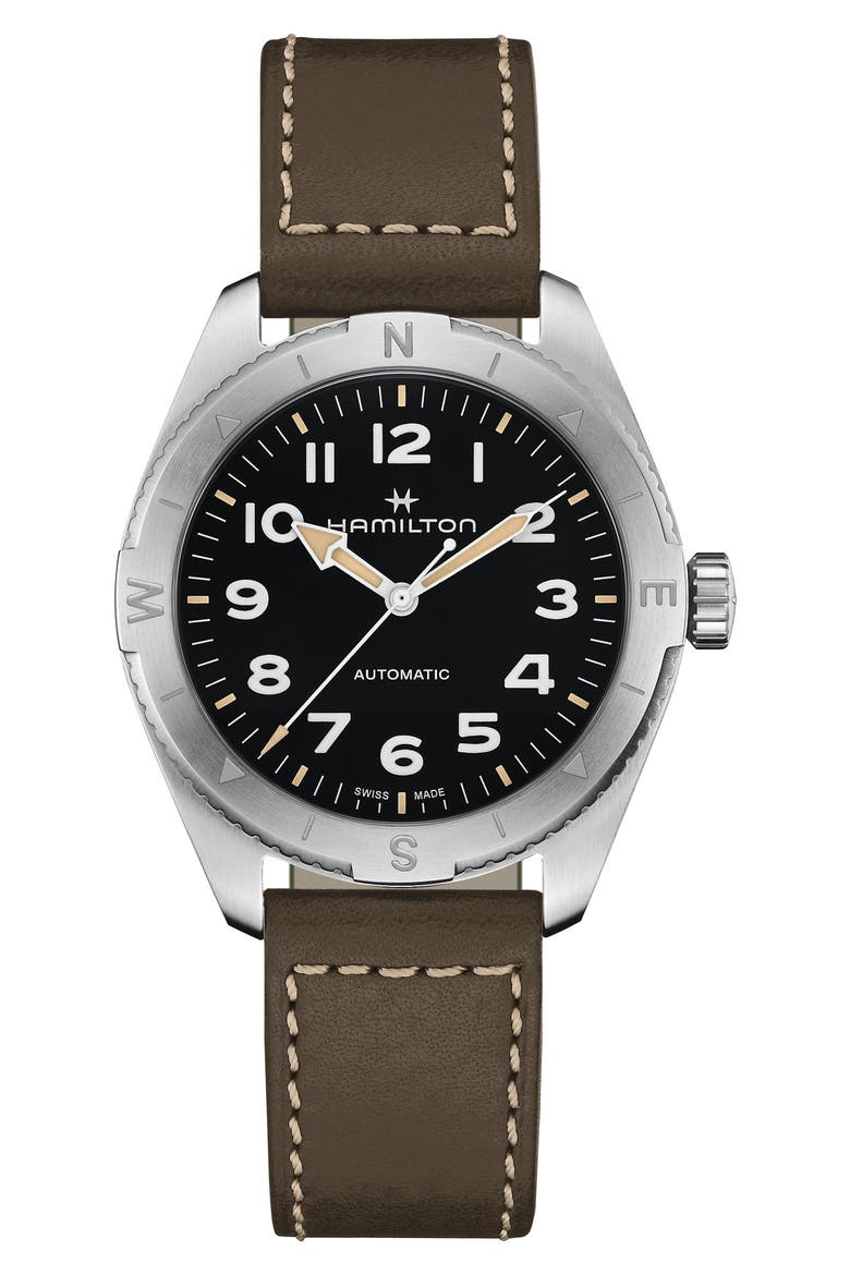 Khaki Field Expedition Automatic Leather Strap Watch, 41mm, Main, color, BLACK