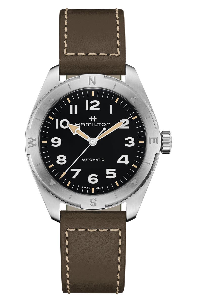 Hamilton Khaki Field Expedition Automatic Leather Strap Watch, 41mm, Main, color, Black