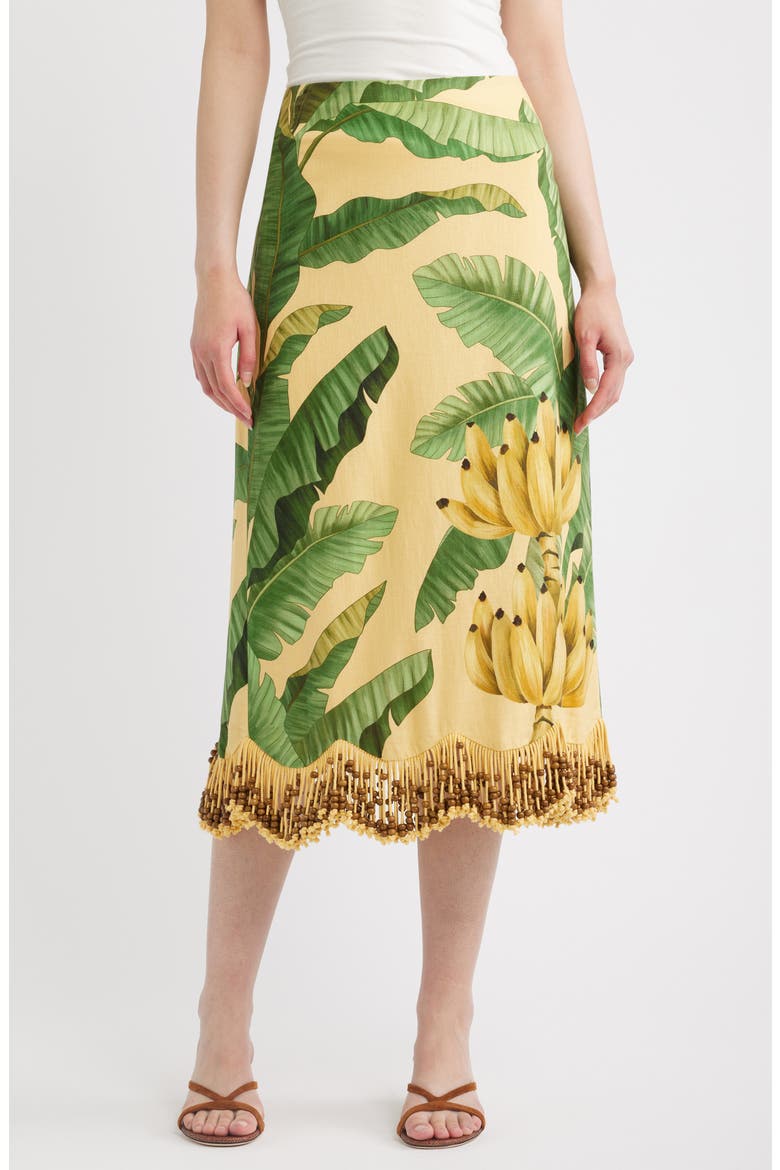 Botanical Fruit Print Beaded Fringe Midi Skirt, Main, color, FRUIT LEAVES BANANA