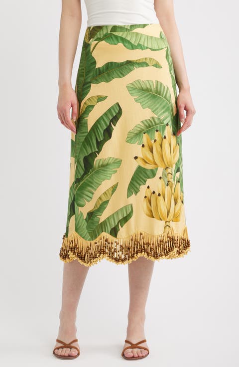 Botanical Fruit Print Beaded Fringe Midi Skirt