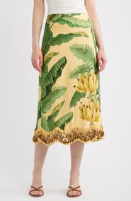 FARM Rio Botanical Fruit Print Beaded Fringe Midi Skirt