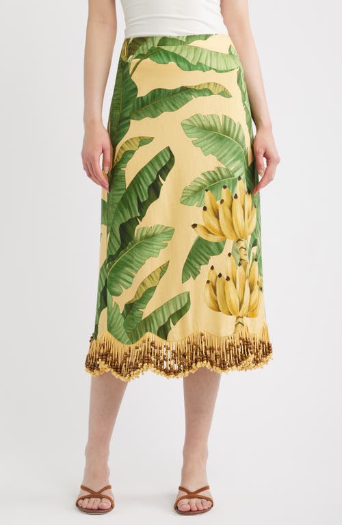 FARM Rio Botanical Fruit Print Beaded Fringe Midi Skirt in Fruit Leaves Banana at Nordstrom, Size Small