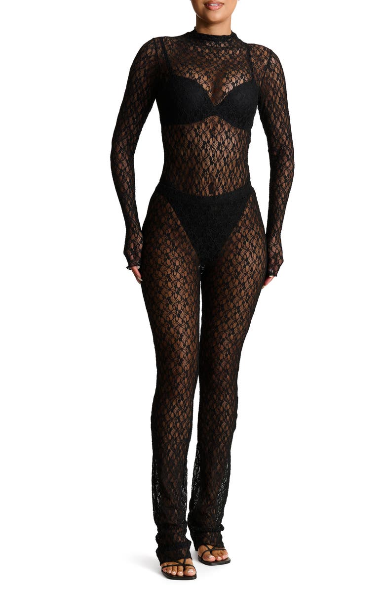 Naked Wardrobe Mock Neck Long Sleeve Lace Bodysuit, Alternate, color, 