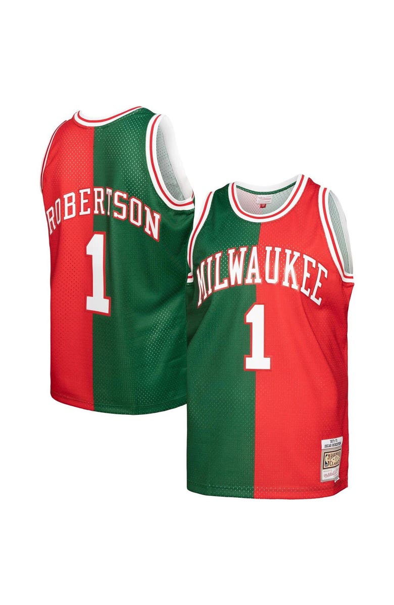 Mitchell & Ness Men's Mitchell & Ness Oscar Robertson Green/Red Milwaukee Bucks Hardwood Classics 1971/72 Split Swingman Jersey, Main, color, 