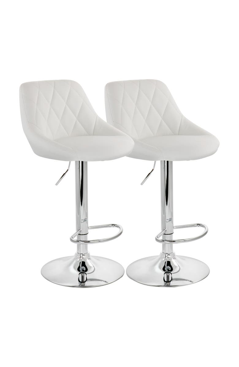 Elama 2 Piece Diamond Stitched Faux Leather Bar Stool with Adjustable Height, Main, color, White