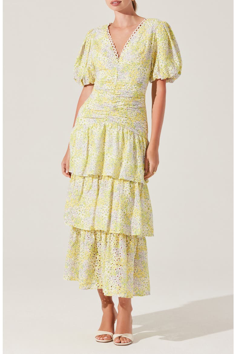 Corinna Floral Tiered Cotton Dress, Alternate, color, LEMON DITSY FLORAL