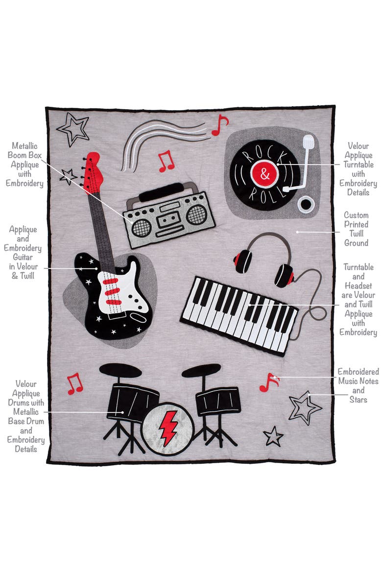 Rock Star Musical Instruments 3-Piece Baby Crib Bedding Set, Alternate, color, Gray