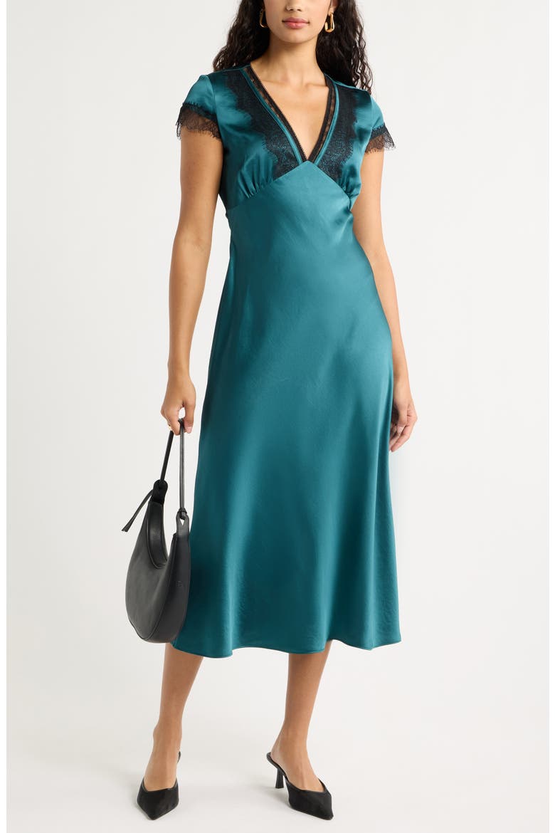 Lace Trim Satin Dress, Main, color, TEAL MARINA