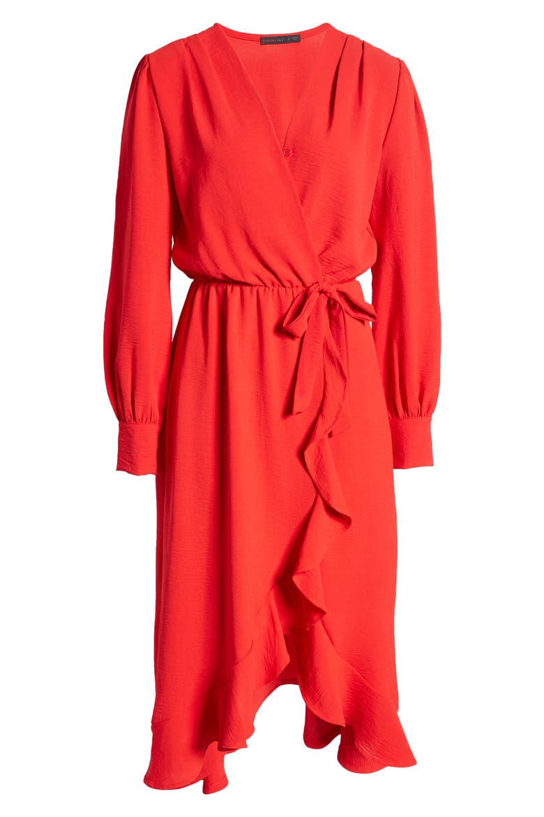 Faux Wrap Ruffle Long Sleeve Dress, Alternate, color, RED